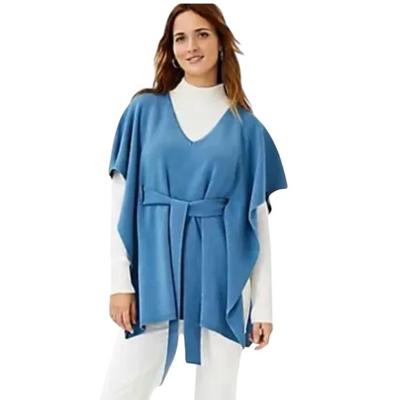 Ann Taylor Blue Belted V-Neck Knit Poncho Sweater - SIZE XS/S - Picture 4 of 7